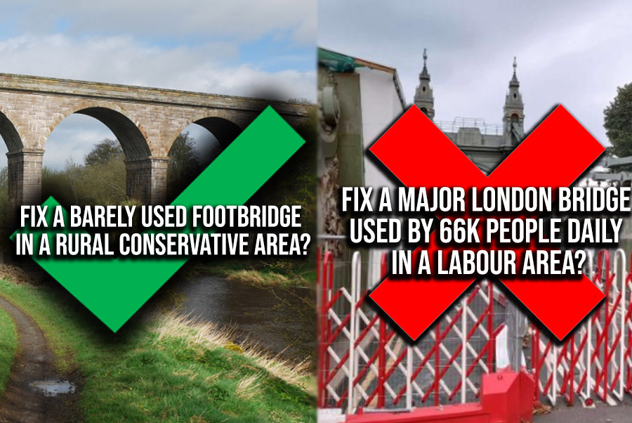 Government to renovate barely used footbridge in rural Tory area - while refusing to repair the Hammersmith Bridge in Labour London